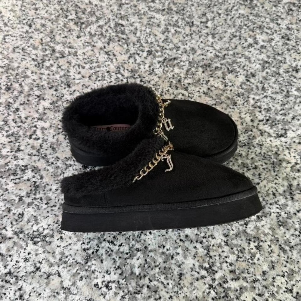 Juicy Couture Black Suede Fur Y2k Studded Chain Clog Slippers W6